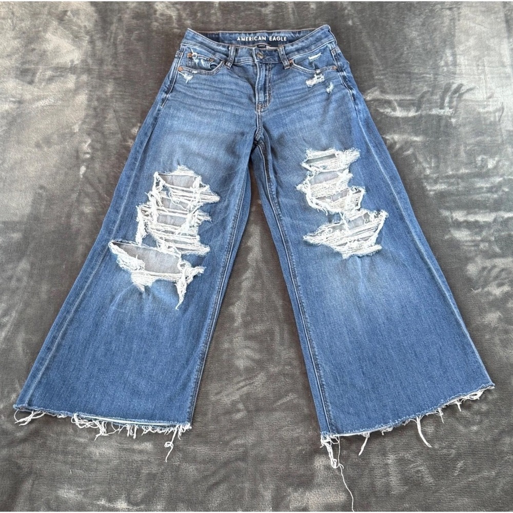 American Eagle Super High Rise Ultra Wide Leg Distressed Jeans Blue 00 Regular